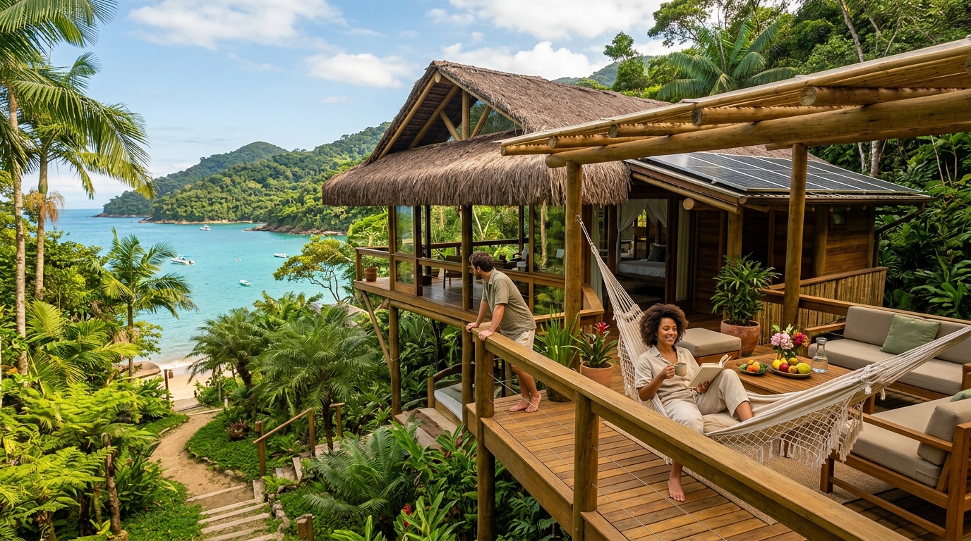 Illustration of Sustentabilidade Perfeita: Viva o Conforto Eco-friendly na Ilha